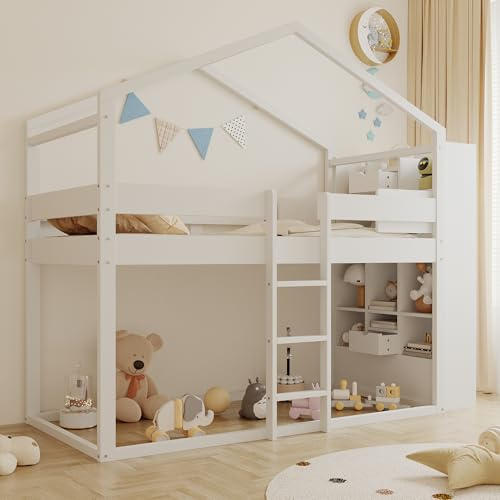 Httcg Hochbett Kinderbett 90x200 cm mit Leiter und Offene Regale, Hausbett Etagenbett mit Schubladen und Rausfallschutz, Einzelbett Holzbett Bettgestell mit Lattenrost, Weiß, Ohne Matratze