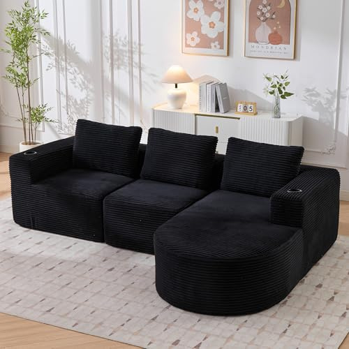 luckdect 258cm Canapé d'angle en L, 3 Places, pour Salon et Appartement, Canapé Modulaire avec Méridienne en Courbe, 3 Coussins, Canapé Compressé en Velours Côtelé