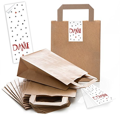 Logbuch-Verlag 10 Danke Geschenktüten braun weiß mit Sticker Papier Tragetaschen Geschenktaschen Verpackung für Dankesgeschenke 18 x 8 x 22 cm