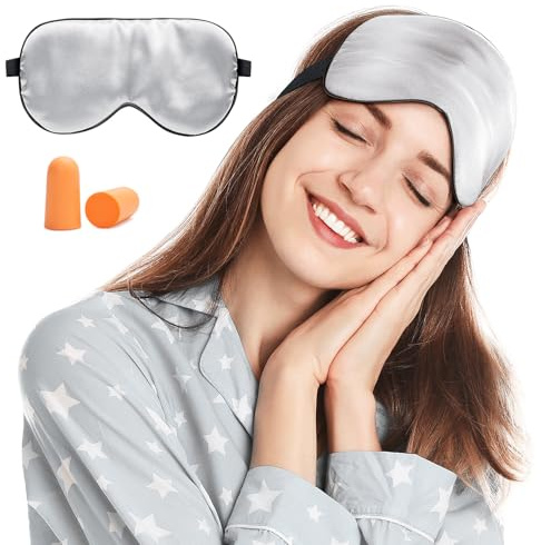 Viedouce Antifaz Dormir, Avion Mascara Dormir, Adultos Seda Mascara Ojos Dormir, Antifaz Niños Hombre Mujer Ergonomico 100% Anti-Luz 100% Natural Seda Máscara de Sueño Noche Correa, Plata