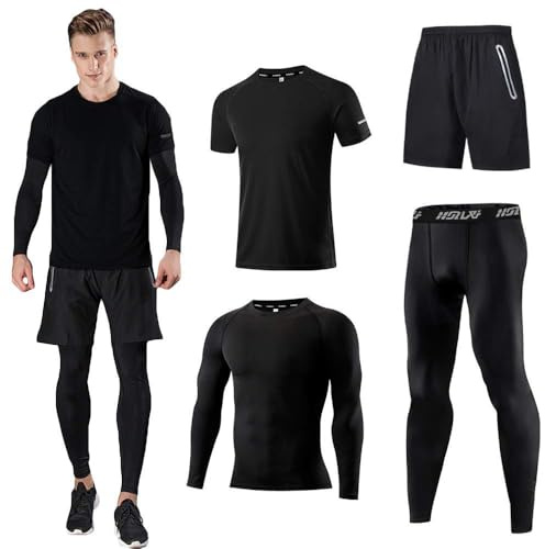 Holure Herr sport löpning set (förpackning med 4) atletisk skjorta + kort/kompression skjorta + byxor skinn träningsoverall gym kostymer, 4-pack: svart, S