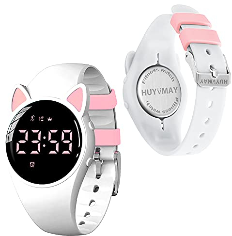 HUYVMAY barn Fitness Tracker stegräknare klocka utan app, söt sportklocka för flicka pojke barn, IP68 vattentät digital klocka med stegräknare, distansräknare, kaloriräknare, stoppur, 3 väckarklocka