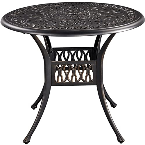Yaheetech Garden Table Patio Bistro Table Patio Table Round Dining Table with Umbrella Hole Garden Outdoor Furniture 90x90x75cm Bronze