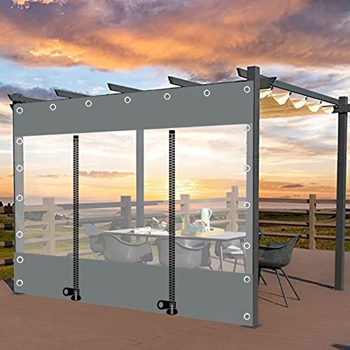 WZYJLyds Outdoor Planenvorhänge mit Reißverschluss Tür, 0,5mm PVC Transparente wasserdichte Plane Seitenteile mit Ösen,Pergola,Terrasse,Veranda,Pavillon,Carport,Grau Durchsichtige Plane