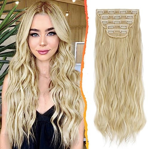 BARSDAR Clip in Extensions, 5 PCS Lange Wellige Clip in Haarverlängerungen Dickes Natürliches Weiches Synthetisches Haarteil Für Frauen Mädchen -45 cm,Helles Aschblond mit butterblonden Highlights