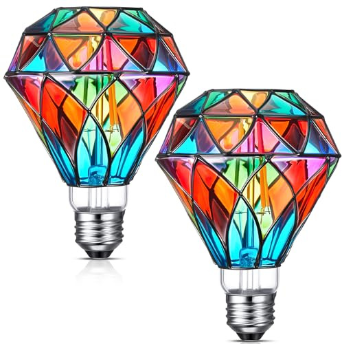 Baquler 2 bombillas LED de vidrieras E26, base A60, bombillas coloridas de 120 V parpadeantes para Navidad, hogar, balcón, jardín, decoración de fiesta (forma de diamante, 6 W)