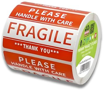 Double Dragon, 500 Labels, 2x3 Inch (50mm x 76 mm), Fragile Handle With Care Sticker, Red Warning Label for Packing Boxes, Strong Adhesive