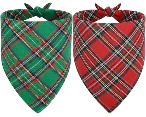 Vivifying Halstuch Hund, 2Pcs Einstellbare Dreieck Hundehalstuch mit Schachbrettartig, Hundekostüm Weihnachten für kleine mittlere große Hunde (XL, Grün & Rot)