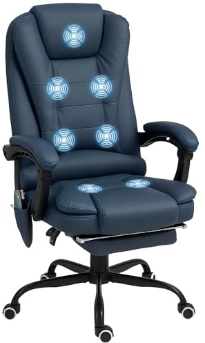 Vinsetto Sedia Ergonomica da Ufficio con 7 Punti Massaggianti e Poggiapiedi, Sedia da Scrivania Reclinabile in Pelle PU con Braccioli Imbottiti, Altezza Regolabile e Ruote Girevole, per Studio, Blu