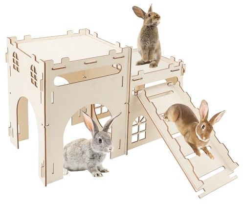 Rypet Large Wooden Rabbit Castle Bunny House, Sturdy Wood Bunny Castle with Stair, Detachable Rabbit Hideaway Breathable Small Animal Indoor Playhouse for Rabbits Hamster Guinea Pig Chinchilla Ferret