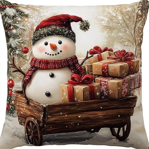 WallustrioaW Verschneiter Wald Knüpfkissen-Set,Schneemann und Geschenke in einem Wagen,für Kinder oder Anfänger Erwachsene zum Selber Knüpfen,DIY Knüpfteppich Knüpfpackung,Knüpfhaken Set,43x43cm