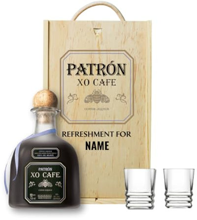 Personalised Patrón XO Cafe Tequila Gift Set with Shot Glasses – Alcohol Present for Men or Women – 70cl Bottle (35% ABV) in Engraved Wooden Keepsake Box – Coffee Tequila Gift for Him or Her