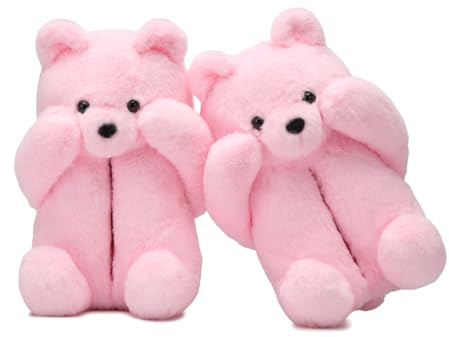 Bashful Teddy Bear Plush Slippers for Women - Cozy Plush Animal Slippers with Face-Pawing Shy Design,Non-Slip Fuzzy Winter Indoor House Shoes,Birthday Christmas Gift Ideas (Pink, US Sizes 7-11)