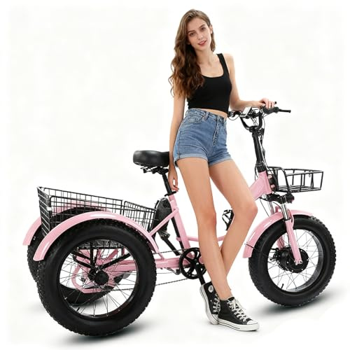 flatpincololee Triciclo Elettrico Adulti 20x4.0 Fat Tire – 500W Motore, Batteria Rimovibile 48V 13Ah, Sospensioni, Luce LED, Grande Cestino Posteriore, Ideale per Tutti i Terreni, 30-40 km Pink