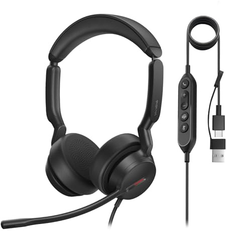 Yealink UH44 Stereo Headset mit Mikrofon Teams Kabel Headset für PC Office | USB-C/A Schnurgebundenes Kopfhörer mit Geräuschunterdrückung Mikrofon Anrufsteuerung für Büro Callcenter Teams Zertifizierter