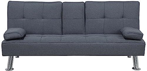 Beliani 3-Sitzer Schlafsofa Stoffbezug grau mit integriertem Tisch Klapparmlehne Roxen