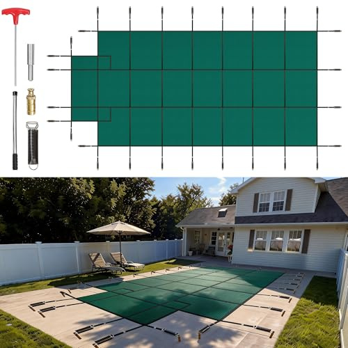 VEVOR Pool Abdeckplane, Passend für Rechteckige, Eingelassene Pools (4,9 x 9,8 m), mit 1,2x3,04 m Mittelstufe, Blickdichte Netzabdeckung mit Ablauflöchern, Winter-Sicherheitsabdeckung, Grün