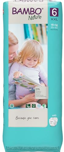 Bambo Nature Hypoallergenic Baby Diapers, Eco-Labeled Diapers, Enhanced Leakage Protection, Totally Chlorine-Free, Skin Friendly, and Super Absorbent - Size 6 (40 Count)