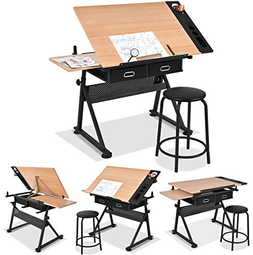 GOPLUS Table à Dessin Inclinable avec Tabouret, Station de Dessin Hauteur Réglable 73,5-98 CM, Plateau Coulissant, 2 Grands Tiroirs et Porte-Stylo, Support Triangulaire, pour Peinture, Architecte