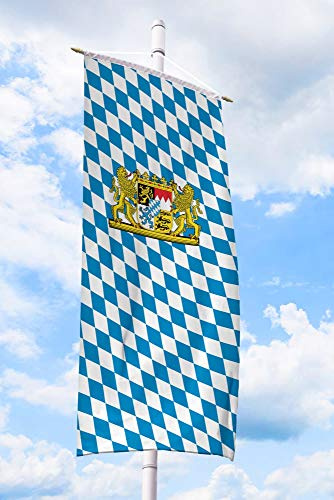 Bayern Fahne – 150 x 400 cm, Bannerfahne für Fahnenmast, Bayern Flagge mit Löwen-Wappen & Raute, aus wetterfestem und reißfestem 100% Fahnen-Polyester-Stoff, auch als bayrische Deko fürs Oktoberfest