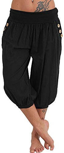 ORANDESIGNE Damen 3/4 Länge Pumphose Haremshose Blumenmuster Sommer Leicht Weite Bein Capri Stoffhose Ballonhose Pluderhose Yogahose Aladinhose A Schwarz XL