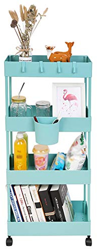 BOMKEE 4-stöckiger Aufbewahrungswagen mit ausziehbarem Rollwagen, mobiles Regal, Trolley, Organizer, Rollwagen auf Rädern, für Küche, Badezimmer, Waschküche, Büro (blaugrün)