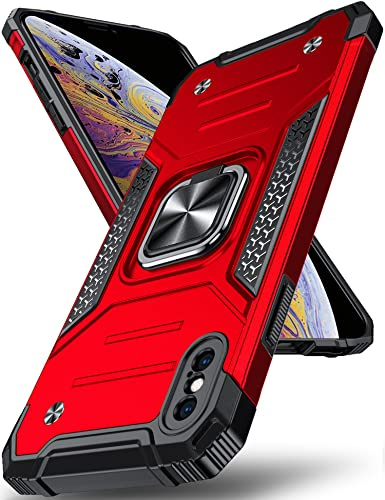 DASFOND Armor Hülle für iPhone X/10 iPhone XS Case mit Kameraschutz Militär Stoßfest Handyhülle [Upgrade 2.0] 360 Grad Metal Ring Halter Ständer Schutzhülle [für Handyhalterung Auto Magnet], Rot