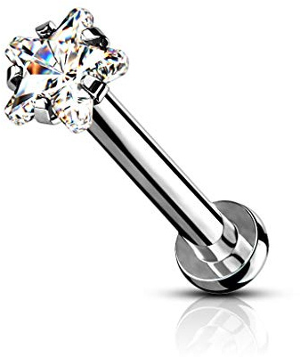 beyoutifulthings Lippen-Piercing Zirkonia-Stern Silber Clear Piercing-s Lippe Labret Stecker Chirurgenstahl Schraub-Verschluss Stab 8 mm