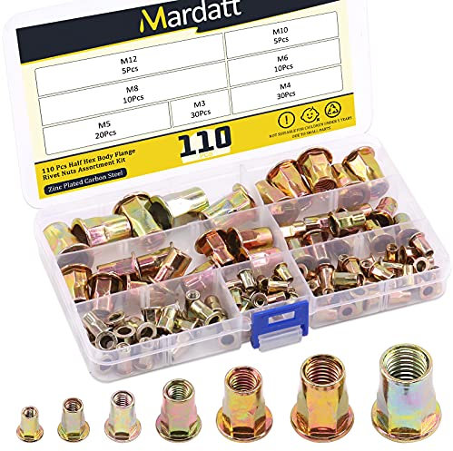Mardatt Metric Hex Rivet Nut Assortment Kit Carbon Steel Hex Rivnut Flat Head Threaded Insert Nutserts (Assortment Kit-110pcs)