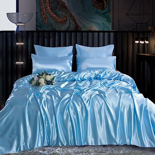 ROOEE Parure de lit complète en satin de soie - 6 pièces - Drap-housse, housse de couette, 4 taies d'oreiller - Couleur - Ciel - Taille - Double