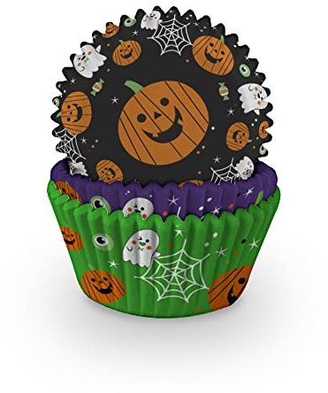 Anniversary House Lot de 75 caissettes à cupcakes d'Halloween en papier sulfurisé avec motifs citrouille, fantôme et icônes effrayantes – Moules à muffins et cupcakes dans un pot de rangement