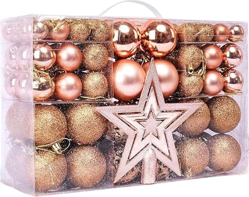 Poshlr Weihnachtskugel Set Kunststoff, 145-teilig, mit einzigartige Weihnachtskugeln, Baumspitze und Kleiner Holzdekoration (Champagner)