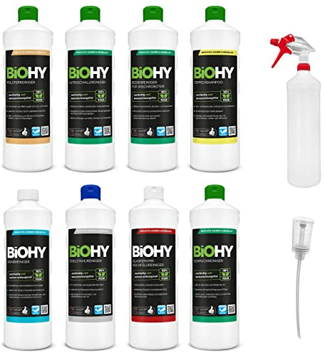 BiOHY Kit de nettoyage combiné avec doseur (8 x 1 L) | pour tous les domaines d'application | puissant et efficace | Nettoyant 100% végétalien