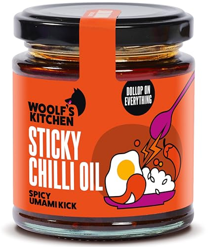 The Woolf's Kitchen | Huile de piment collante | Extravaganza à l'huile de piment croustillante | Épicée avec texture collante | Essentielle pour le riz, les nouilles et les hamburgers | Élevez les