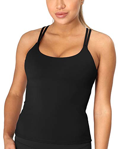 icyzone Damen Sport Top mit Integriertem BH - Longline Gepolsterter Yoga-BH Ohne Bügel, 2 in 1 Gym Fitness Tanktop (L, Schwarz)