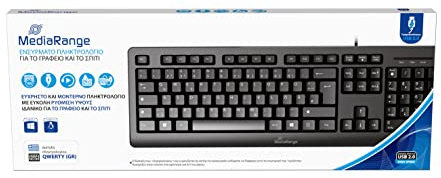MediaRange Teclado con Cable con 105 Teclas, disposición QWERTY (GR), Teclado PC con conexión Plug & Play USB 2.0, Resistente a Salpicaduras y Altura Ajustable, Color Negro