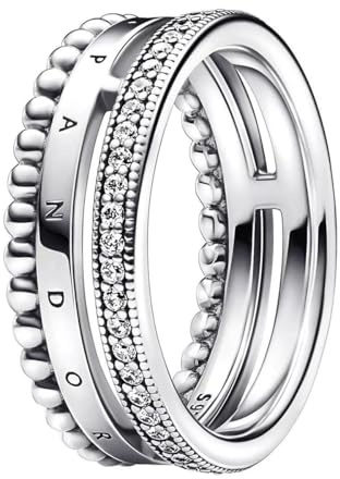 Pandora Signature Logo Pavé & Beads sterling silver ring with clear cubic zirconia, 52
