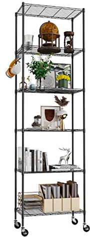Himimi 6-Stöckiges Stehregal mit Rädern, Höhenverstellbares, Strapazierfähiges Regal mit Haken für Badezimmer, Küche, Garage, Schlafzimmer, Schwarz, 29 cm x 54 cm x 175 cm