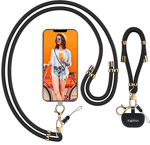 Kaptron 2Pcs Cell Phone Lanyard: Universal Adjustable Crossbody Phone Strap and Wrist Strap, with 2 Lobster Clips and 2 Tether Patches, Compatible with Most iPhone and Android Smartphones (Black/Gold)