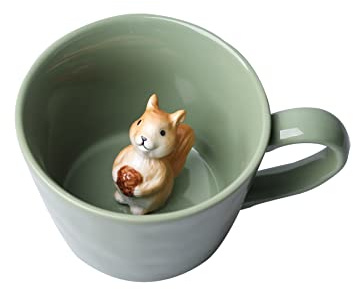 DIHOclub Squirrel Ceramic Cup Hidden 3D Animal Inside Mug,Cute Cartoon Handmade Figurine Mugs,Holiday and Birthday Gift for Coffee Milk Tea Lovers,12 OZ(Light Green)