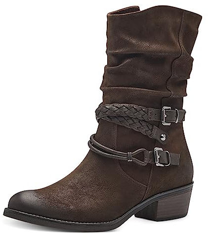 MARCO TOZZI Damen Stiefeletten mit Absatz aus Kunstleder mit Schnallen, Braun (Cafe Comb), 39