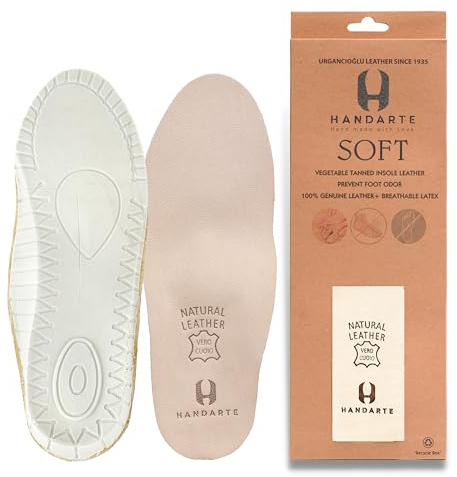 HANDARTE Leather Orthopedic Insoles | Padded Comfort Shoe Inserts for Women | 100% Natural Goatskin - ChromeFree, Anti Sweat & Anti-Odor - Suitable for No-Socks (US W7 | EU38)
