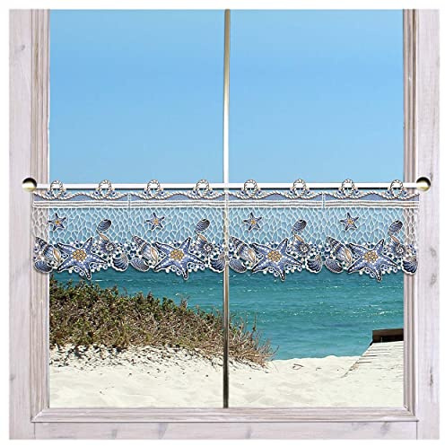Maritime Feenhaus-Scheibengardine Seesterne und Muscheln Blau Vogtländische Spitze | Meeres-Träumerei für Ihre Fenster in Bad, Küche, Gästewohnung | hochwertig gestickte Spitzenkante HxB 20 x 111 cm