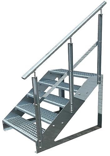 Premium Caillebotis acier Escalier à limon 5 Marches Autoportant Entièrement galvanisé avec garde-corps à droite - Dimensions (L x l x H) 101cm x 80cm x 95cm