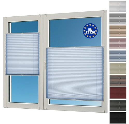 Deco4Me Plissee ohne Bohren (90 x 220 cm, Hellblau Crash) - Blickdicht, lichtdurchlässig, Keine Verdunkelung - Jalousien zum Klemmen - Faltrollos für Fenster