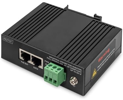 DIGITUS Injecteur Industriel Gigabit Ethernet PoE - 85W - 10/100/1000 Mbps - portée 100m - Montage sur Rail DIN - Noir