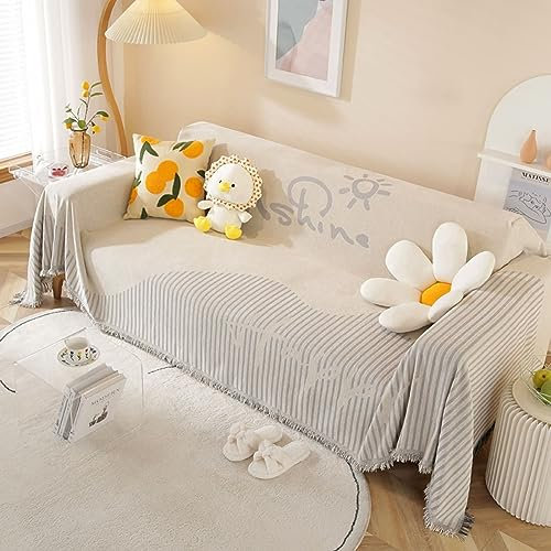 Homxi Sofa Überzug 4 Sitzer Big Sofa,180x380CM,Sofa Überzug Decke Streifenmuster mit Quasten Sofa Überzug Chenille Sofa-Handtuch Grau Beige Sofa Überzug