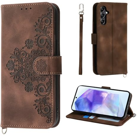 Auslbin blommigt mobilskal för Samsung Galaxy A55 5G 6.5, 5 kortplatser Vintage stil PU läder skyddsfodral för Samsung A55 2024, Brun
