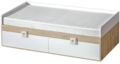MINIO go for it - Kinderbett 90x200 cm Nimes, Bett 90x200 mit Schubladen, Bett mit Stauraum, ohne Matratze, jugendzimmer möbel, Eiche Hell/Weiß