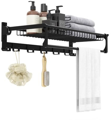 LIFEZEAL Estante de Baño con Toallero y Ganchos, Toallero Plegable de Ducha de Aluminio, Organizador de Pared de Ducha para Baño, 26 x 59,5 x 14 cm, Negro